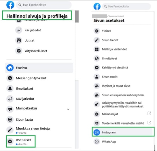 Fonecta Kontakti asiakasohjeet Instagramin yhdistäminen Facebook-yrityssivuun