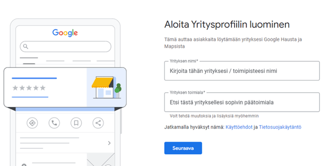 Asiakasohjeet - Fonecta Kontakti - Google-yritysprofiilin vahvistaminen - Yritysprofiilin luonti