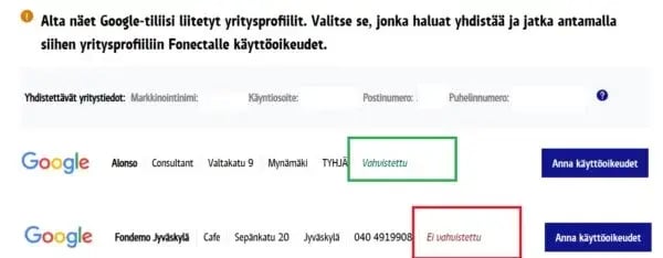Fonecta Connect asiakasohjeet GBP linkitys valitse profiili